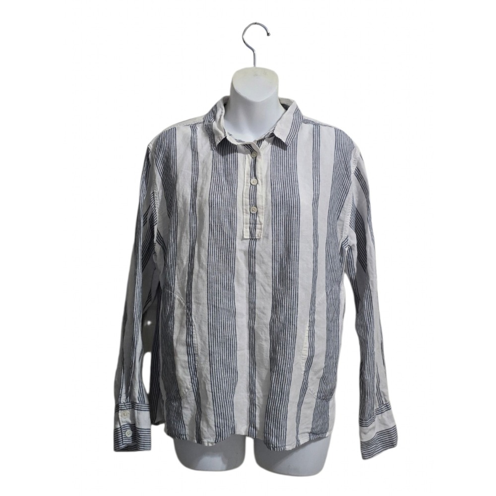Eddie Bauer Striped Linen Blend Popover Hi-Lo Blouse Sz L